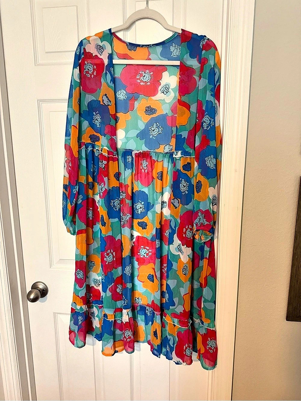 Women’s Small Colorful Floral Sheer Maxi Duster Kimono Swim Cover-Up